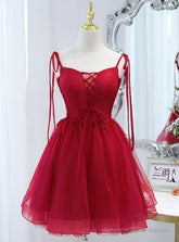 Burgundy Tulle Lace Spaghetti Straps Beading Homecoming Dress